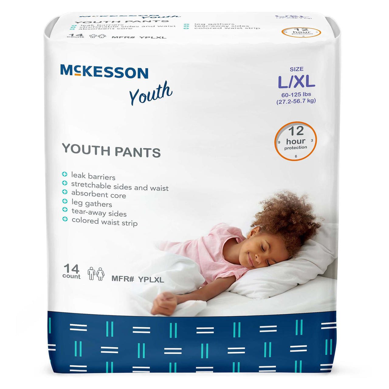 Package of McKesson Youth Pants with a child lying on a bed.