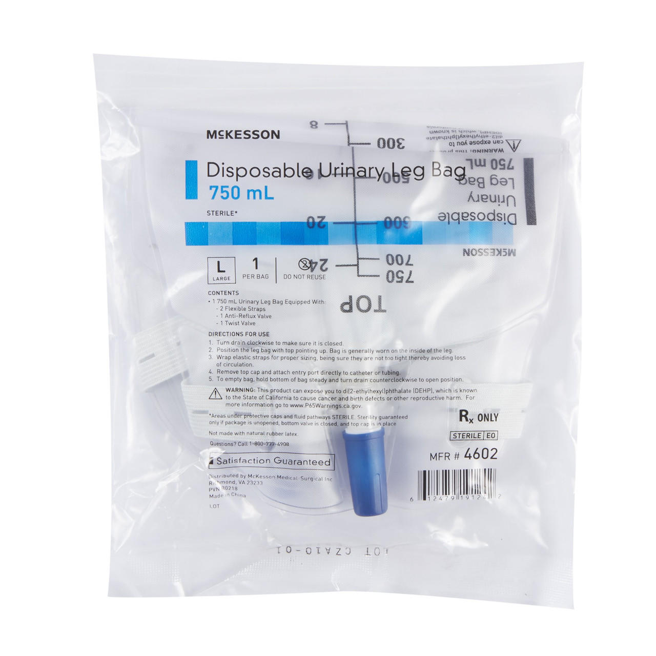 Urinary leg bag 750 mL with printed volume markings; Rx-only bag label