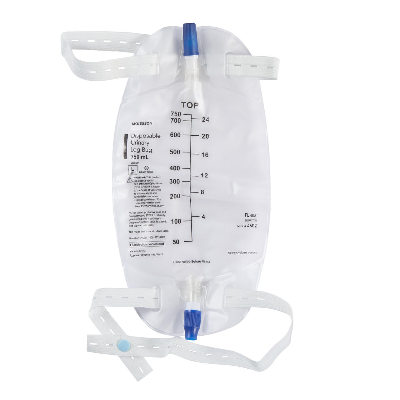 Disposable urinary leg bag 750 mL with anti-reflux valve and adjustable straps