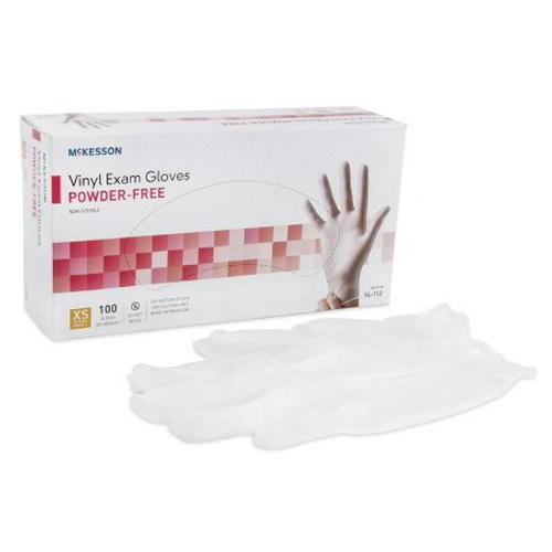 Powder-free clear vinyl exam gloves, XS size box with visible glove pieces