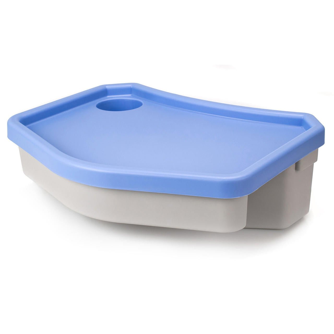 Blue and white walker caddy tray with built-in cup holder, open top