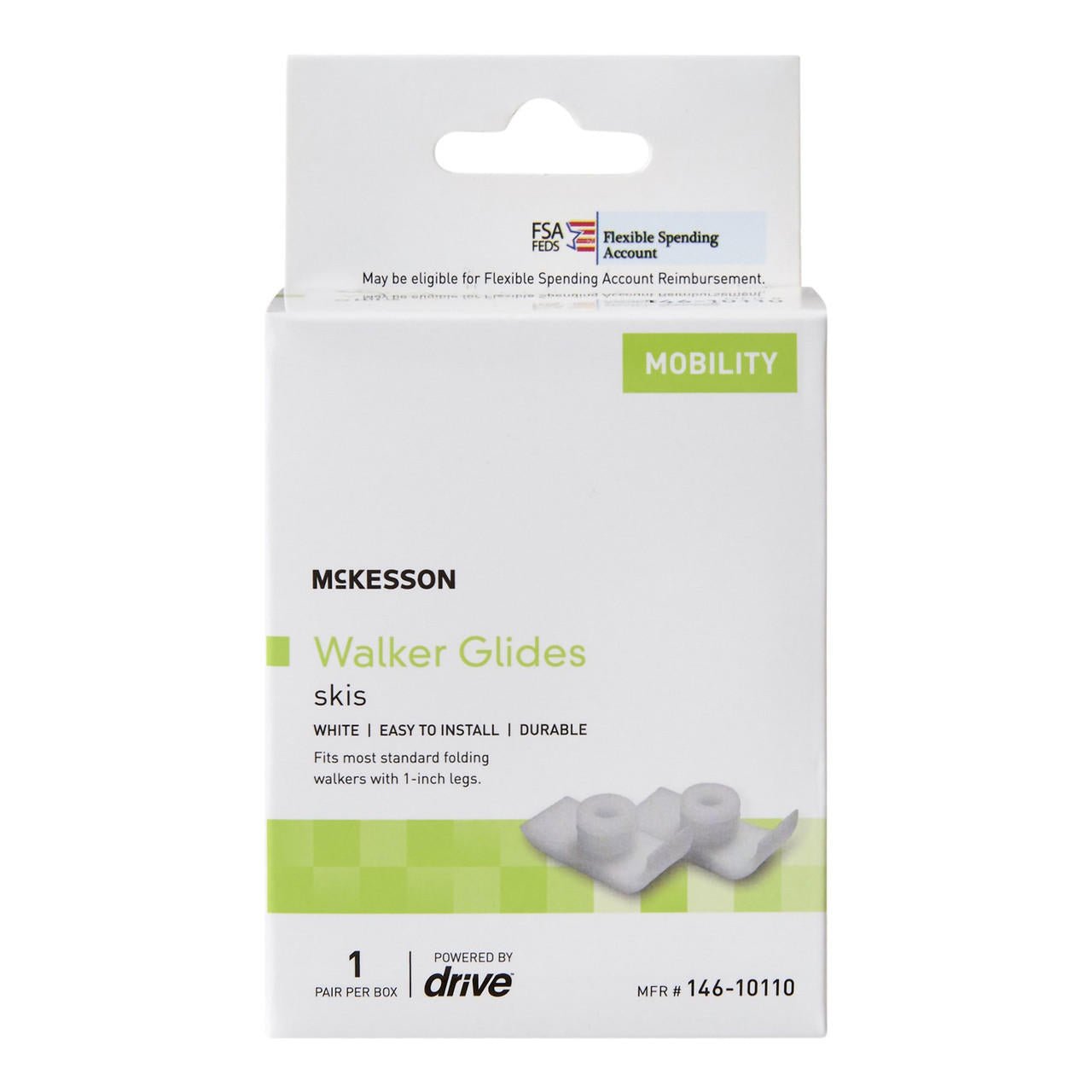 Walker glides skis box labeled mobility, white skids for walkers
