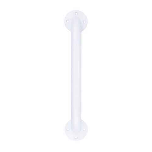 White powder-coated steel wall grab bar with round end mounting plates