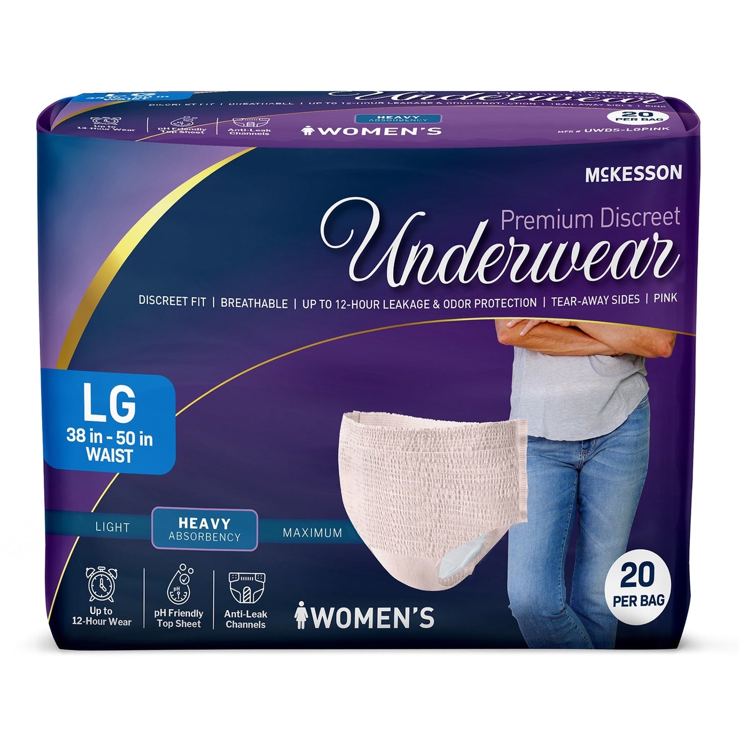 McKesson heavy absorbent pull-on underwear for women, LG size (38–50 in waist).