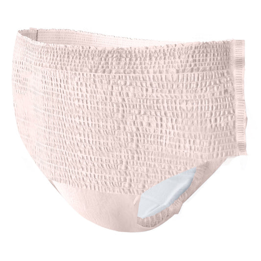 White women’s pull-on absorbent underwear with elastic waistband and full coverage.