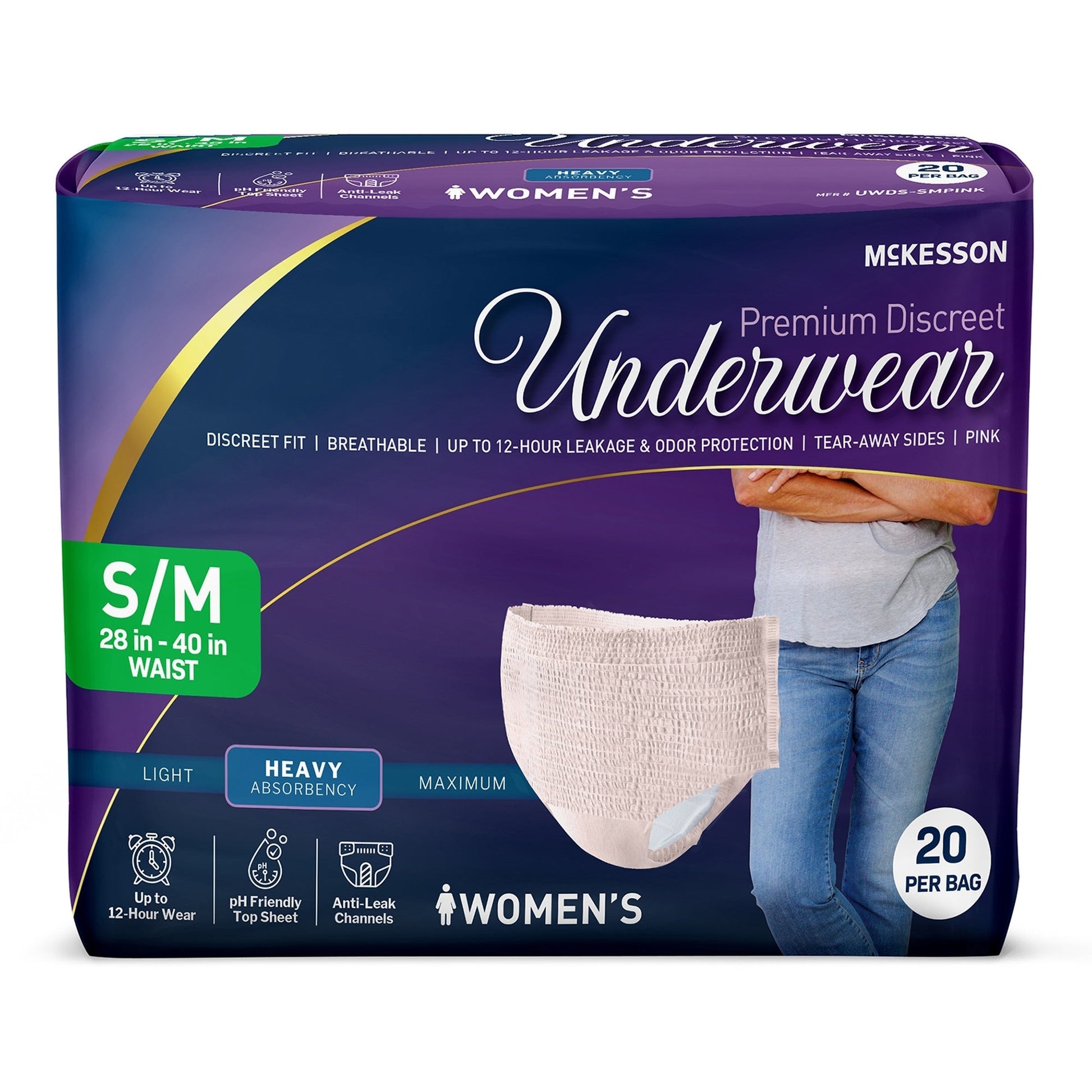 McKesson heavy absorbent pull-on underwear for women, S/M size (28–40 in waist).