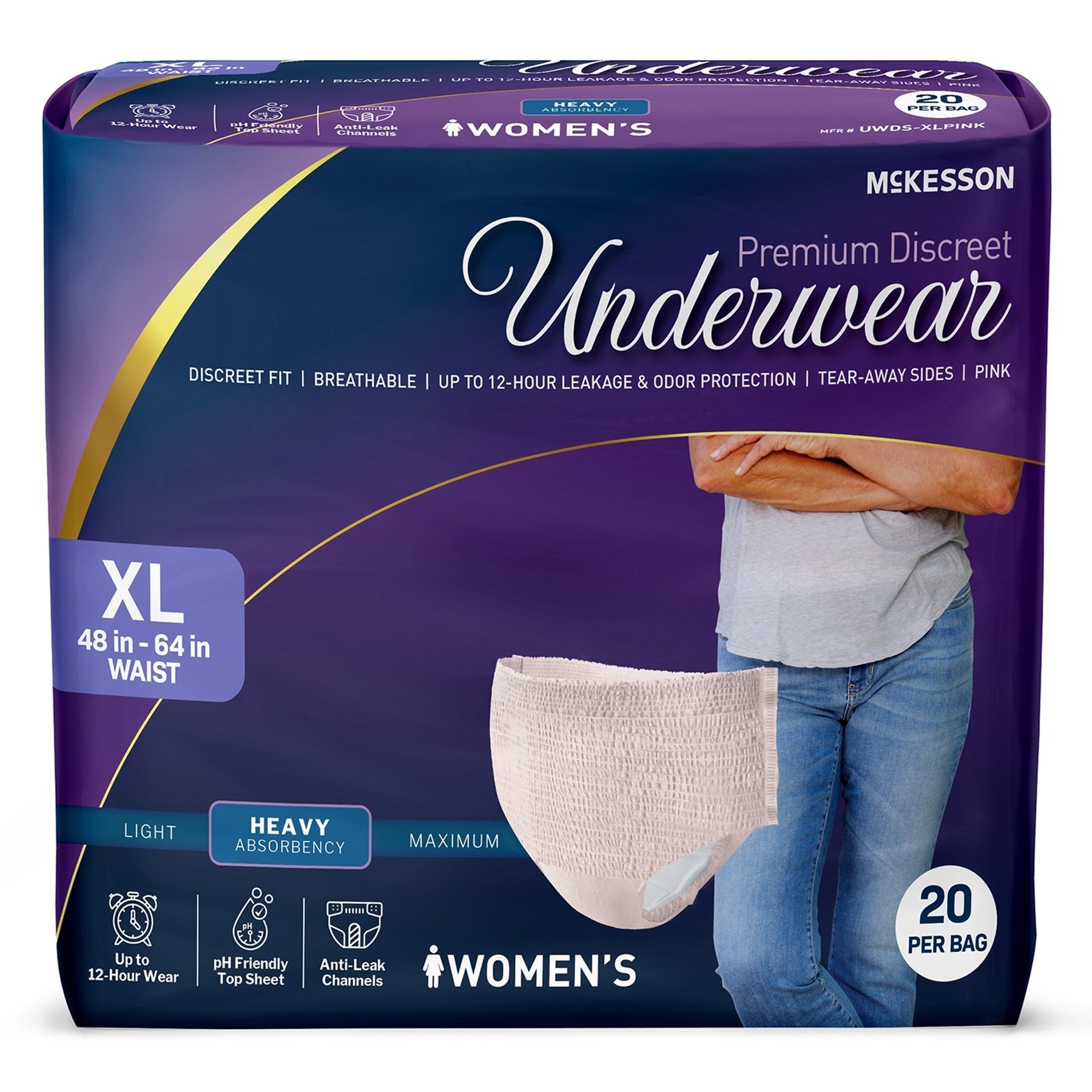 McKesson heavy absorbent pull-on underwear for women, XLG size (48–64 in waist).