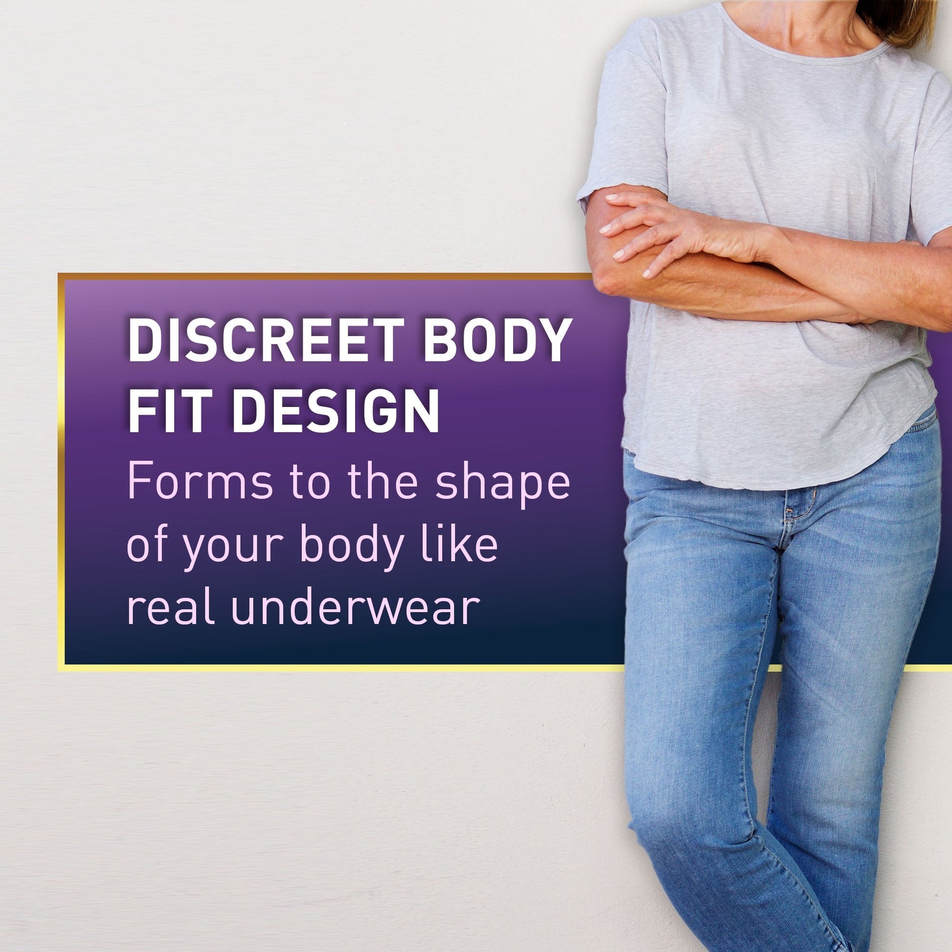 Women’s pull-on absorbent underwear shown on model with discreet body-fit design.