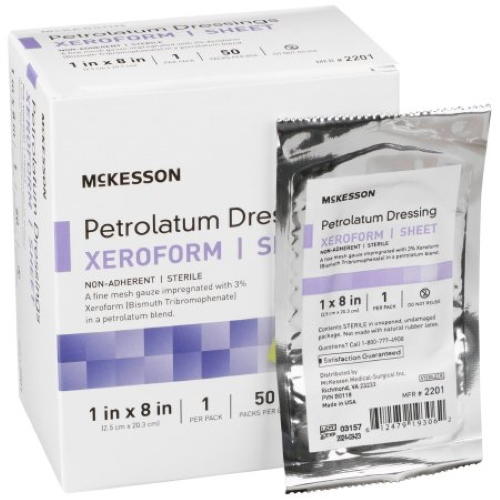 Sterile petrolatum gauze xeroform dressing, 1 x 8 in, 50 per pack, in box and pouch