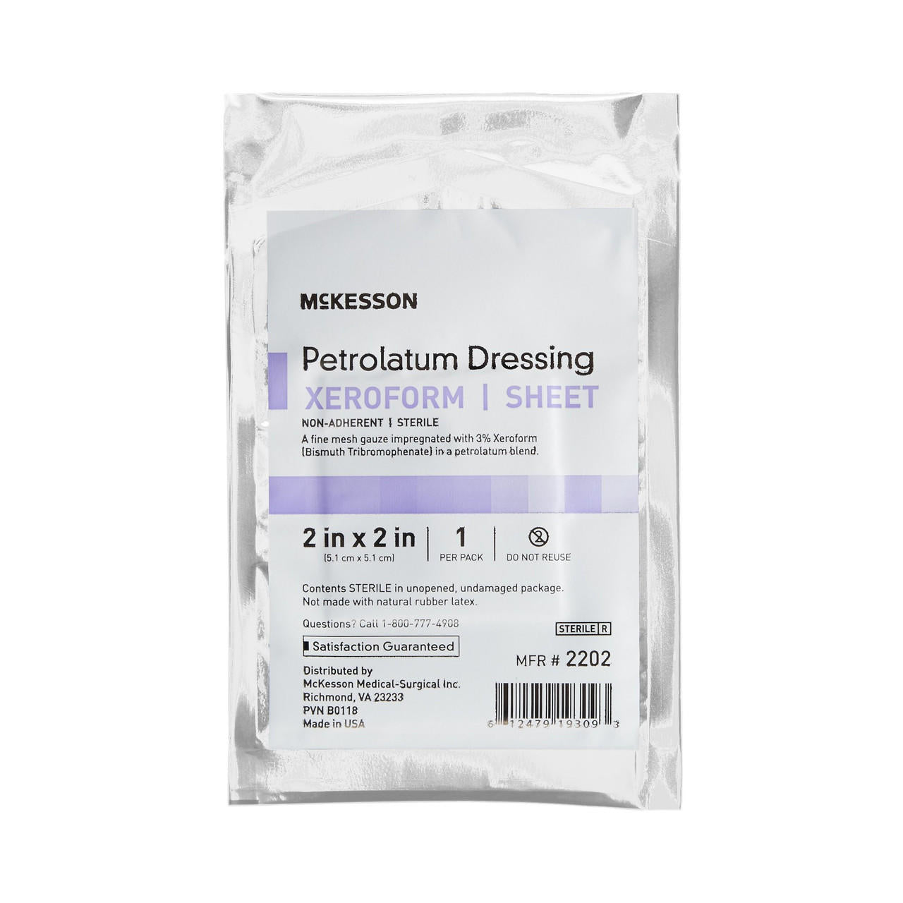 Petrolatum Xeroform dressing sheet 2 x 2 in, sterile, back of foil pouch