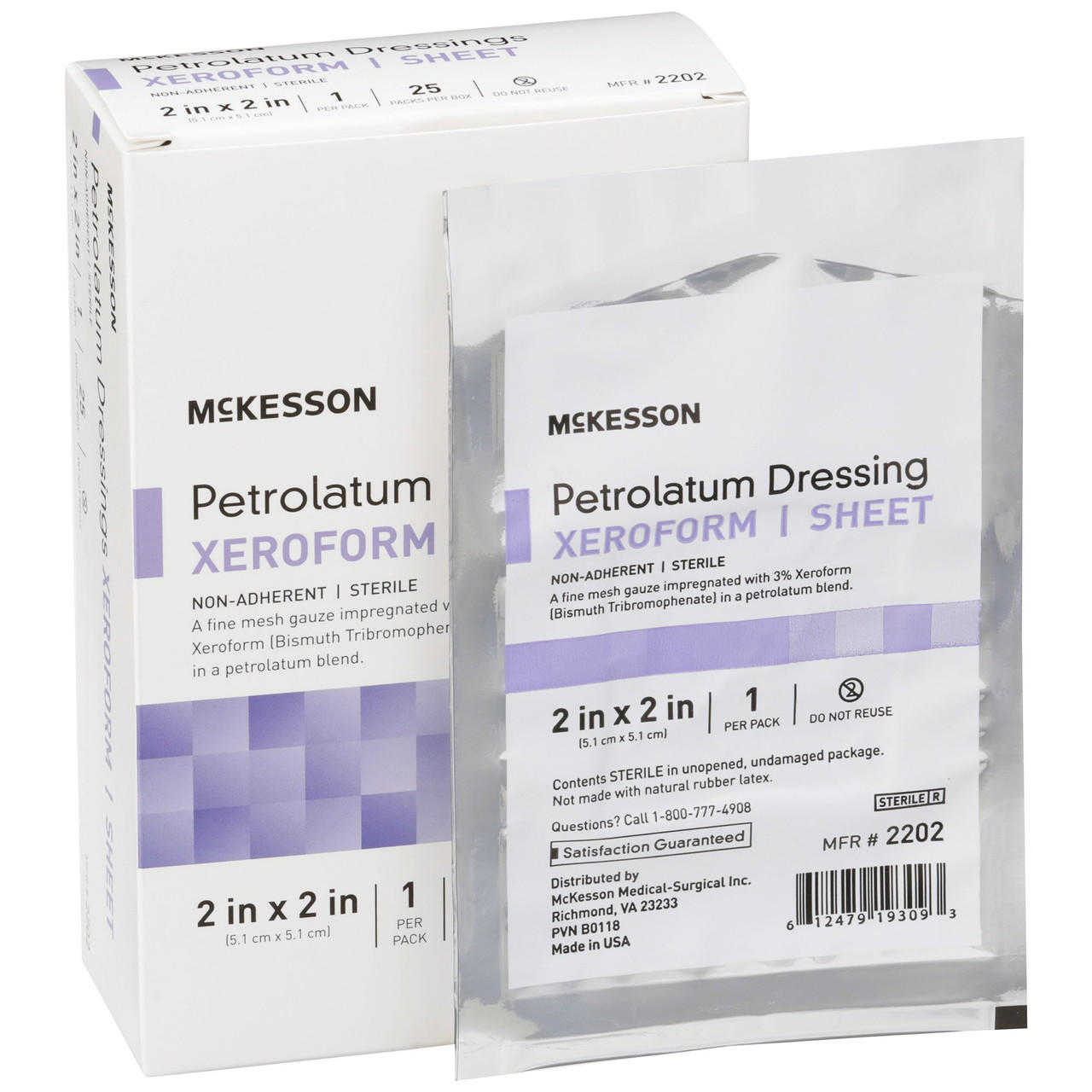 Petrolatum Xeroform dressing sheet 2 x 2 in, sterile, in foil pouch