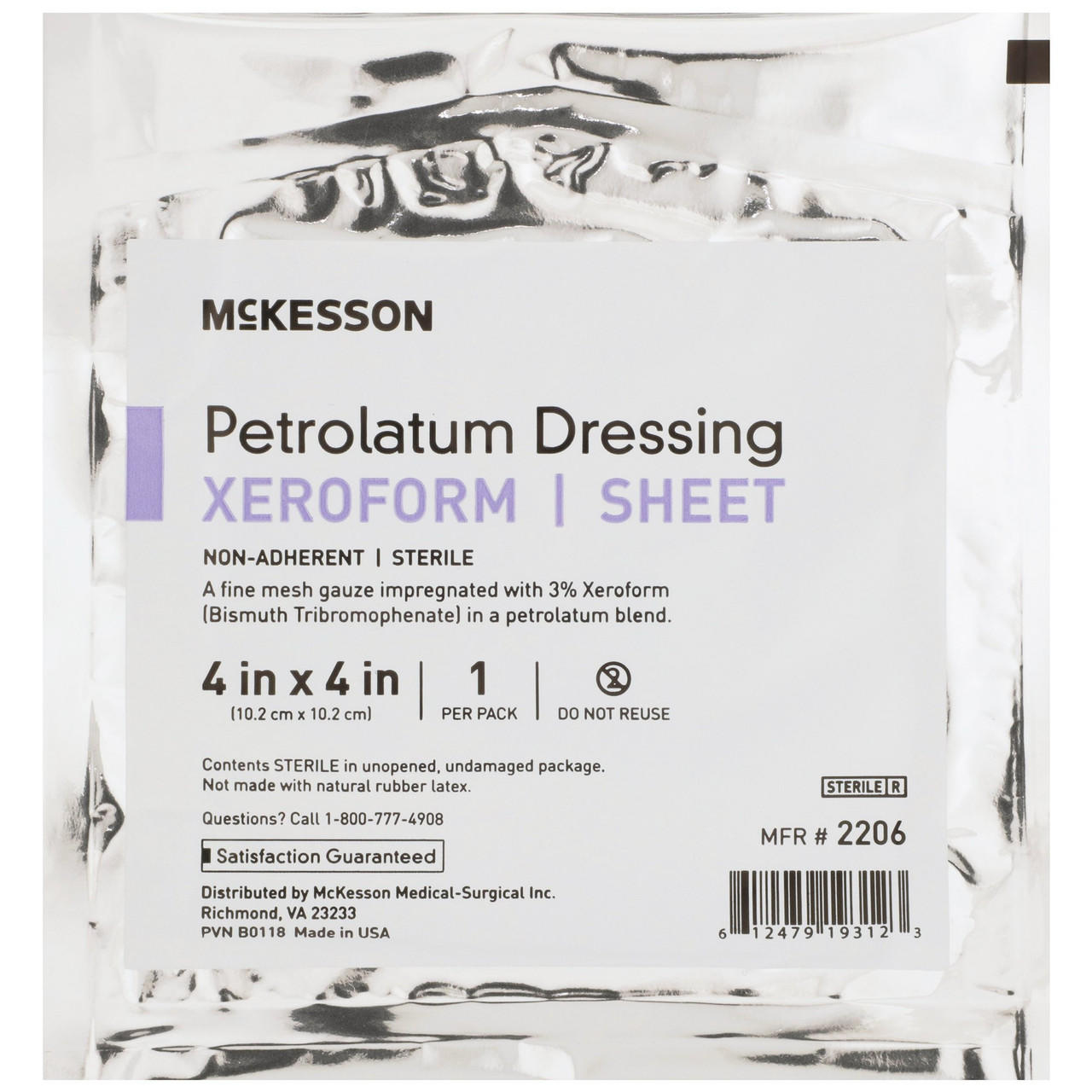 Sterile 4 x 4 in Xeroform petrolatum dressing sheet, non-adherent, do not reuse
