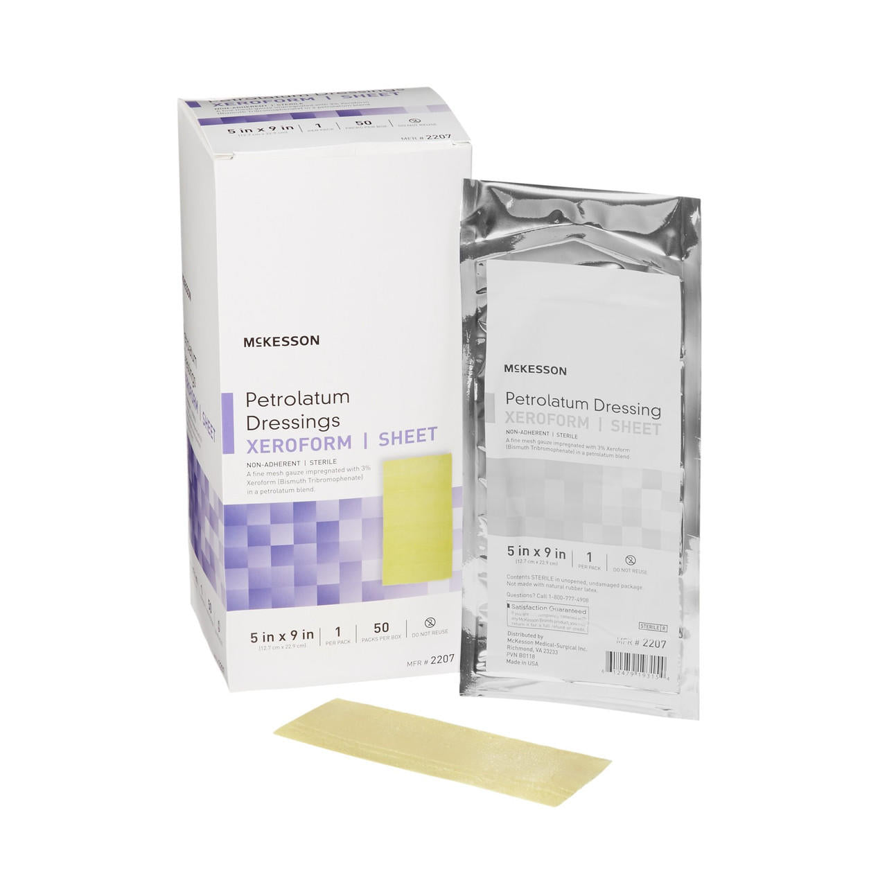 Petrolatum gauze dressing sheet, 5x9 in, sterile; box and sealed pack shown