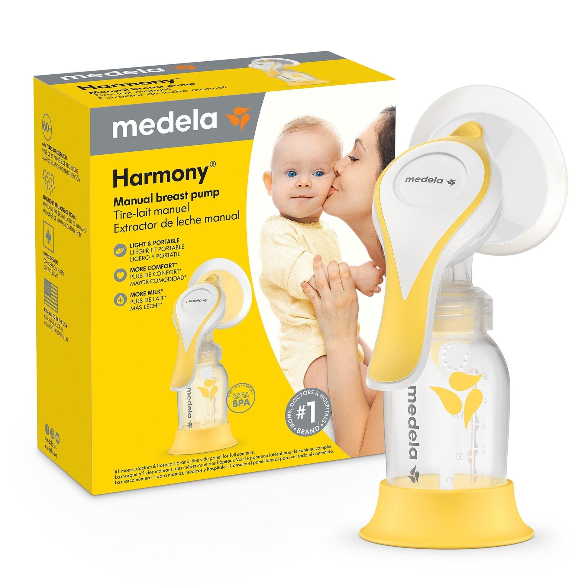 Medela Harmony manual breast pump with yellow-and-white breast shield and bottle