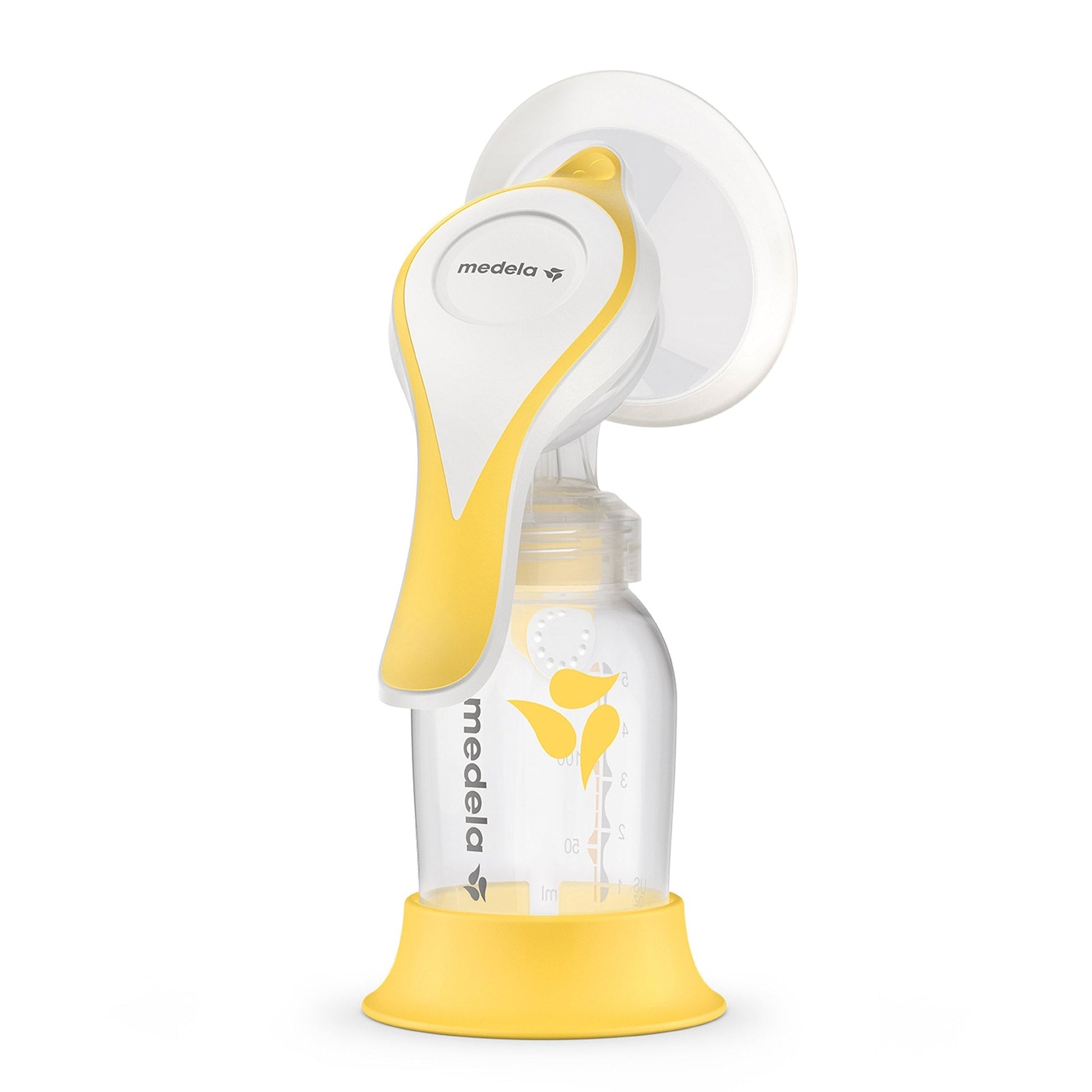 Manual breast pump, yellow handle with white silicone shield and clear bottle