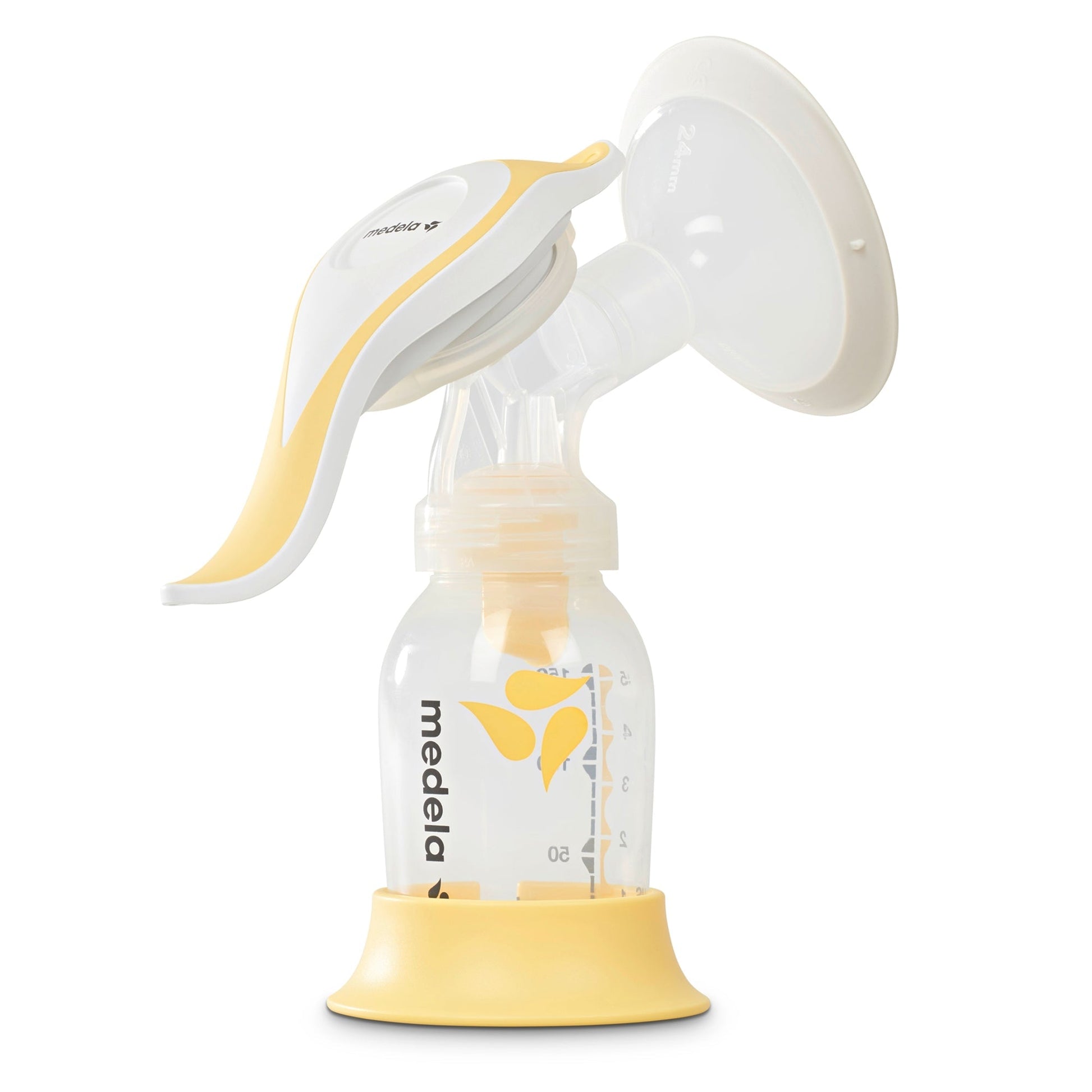 Manual breast pump angled view: yellow seal, white flange, clear collection bottle