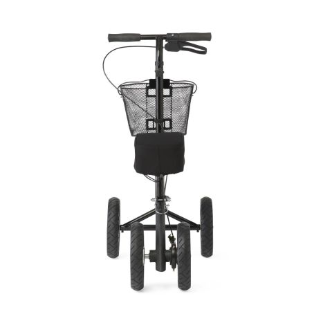All-terrain knee walker front view: handlebars, padded seat, wheel frame, mesh basket