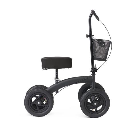 All-terrain knee walker side view with padded platform and mesh shopping basket