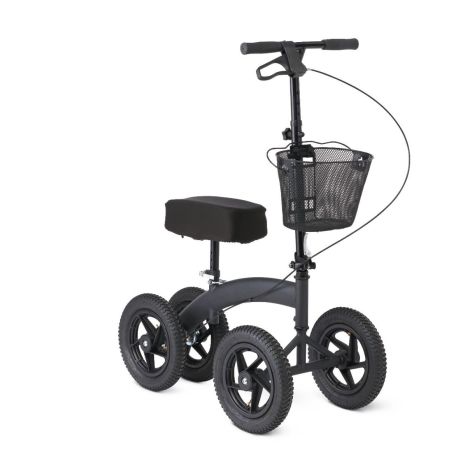 All-terrain knee walker with padded seat, large wheels, front mesh basket