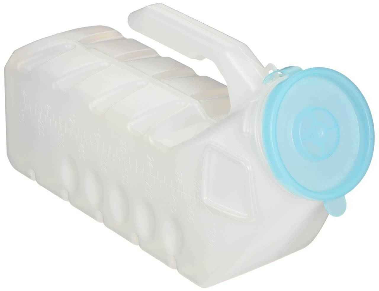 Male urinal with translucent white body and blue glow-in-dark lid