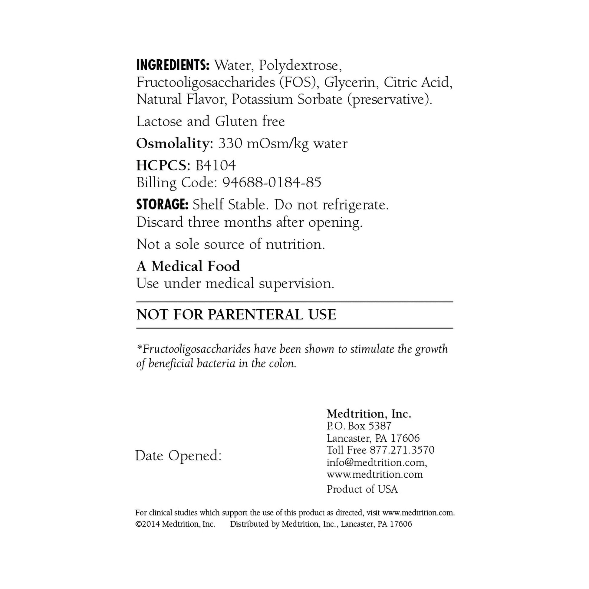 HyFiber liquid fiber ingredients and storage info on back label