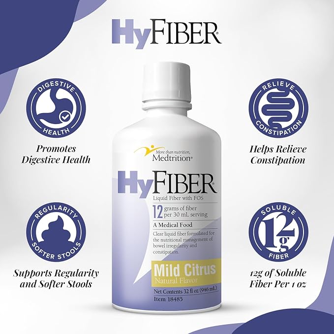HyFiber mild citrus liquid fiber bottle with digestive health icons