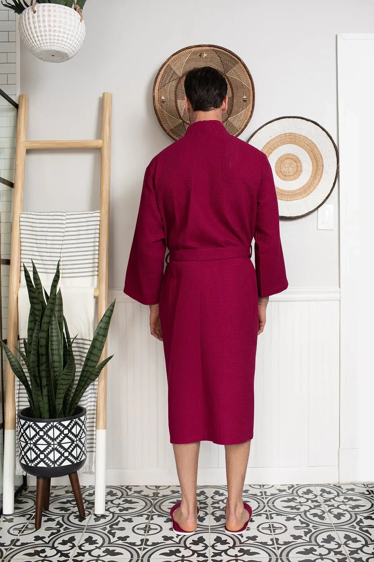 Men's waffle bathrobe, wine red back view with tied waist belt