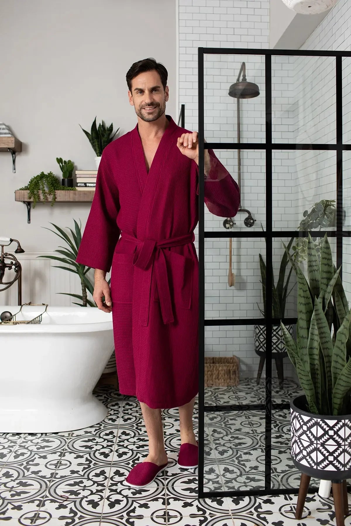 Men's waffle bathrobe, wine red shawl collar with matching belt
