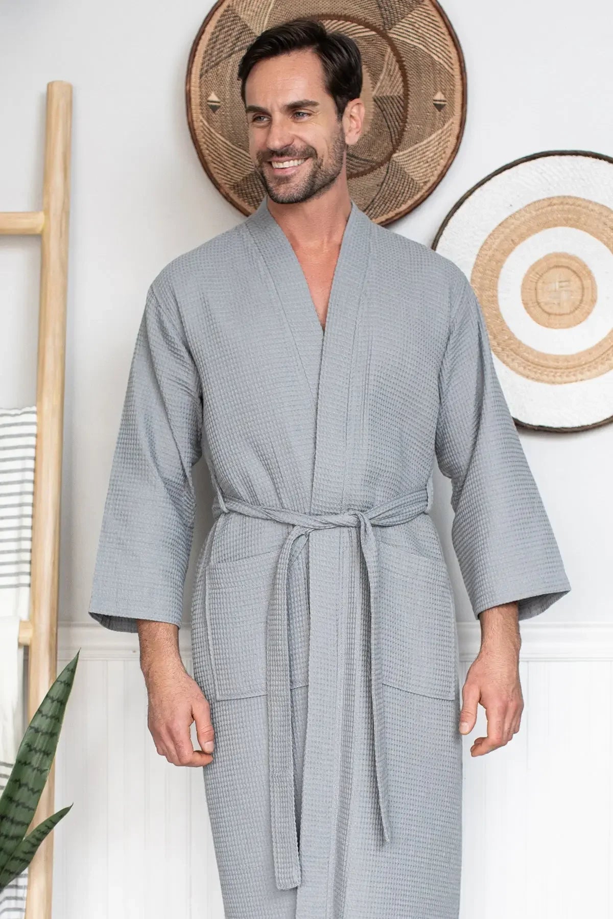 Men's waffle bathrobe, light grey, V-neck robe with waist tie belt