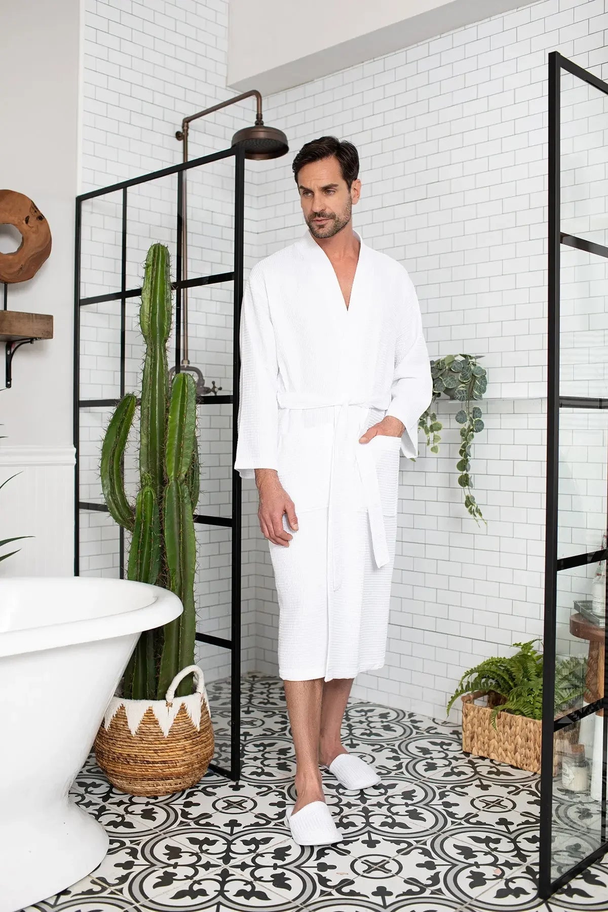 Men’s white waffle bathrobe with V-neck and belt tie, mid-calf long sleeves