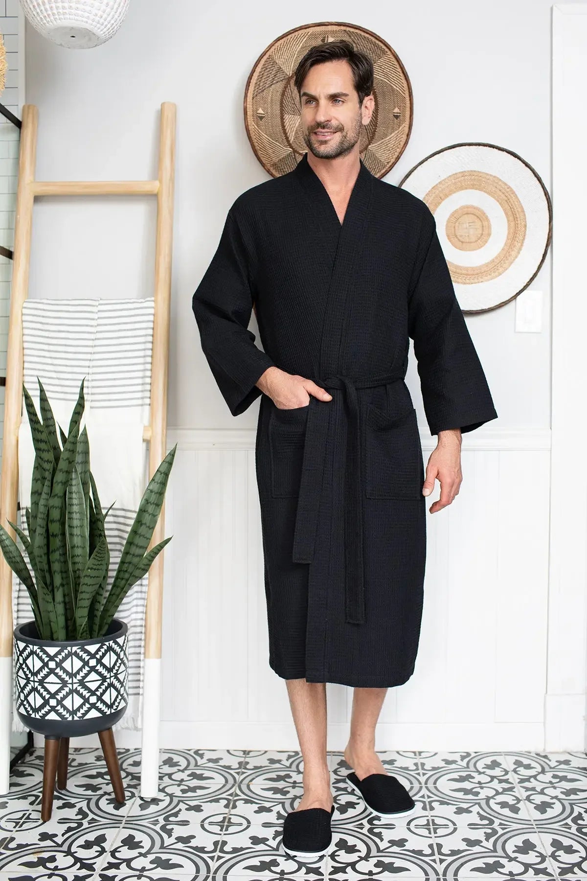 Men's waffle spa bathrobe, black, belted wrap with shawl collar (front view)