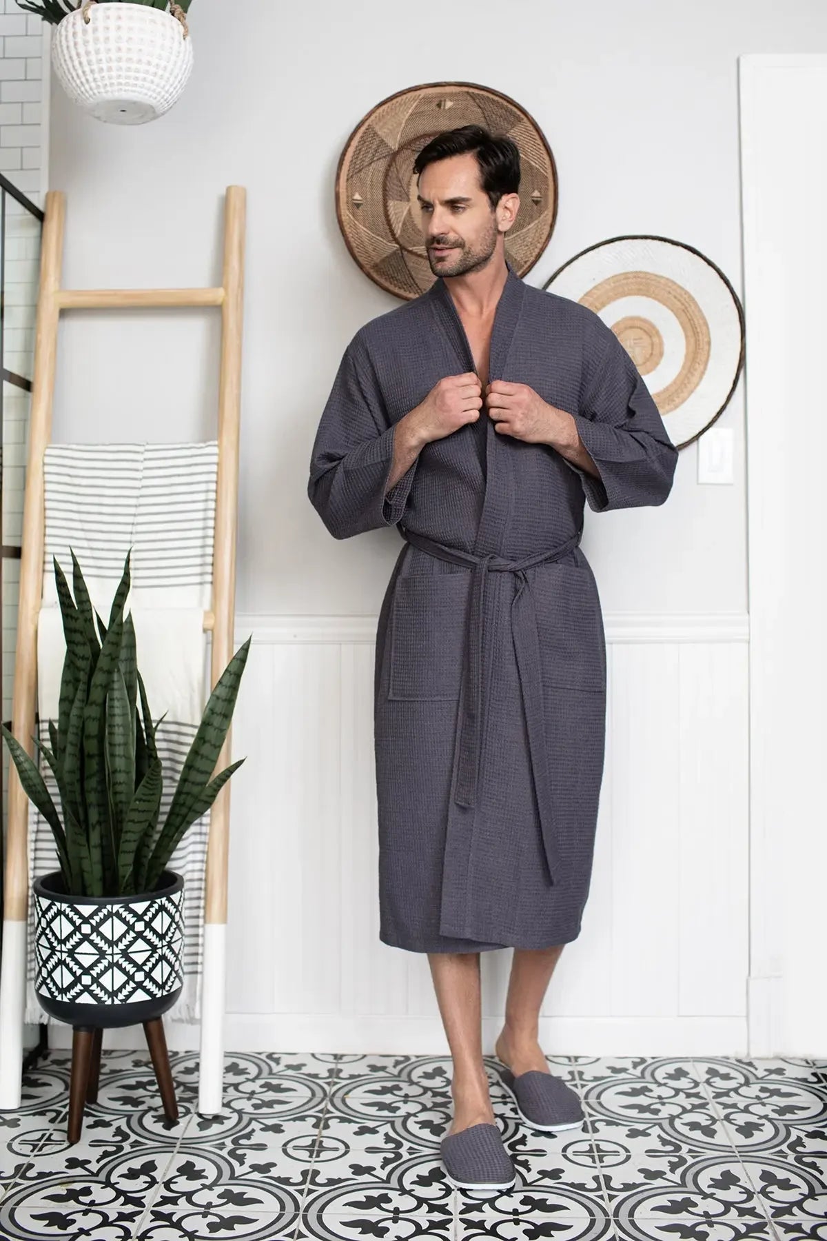 Men’s charcoal grey waffle bathrobe with V-neck and belt tie, mid-calf long sleeves