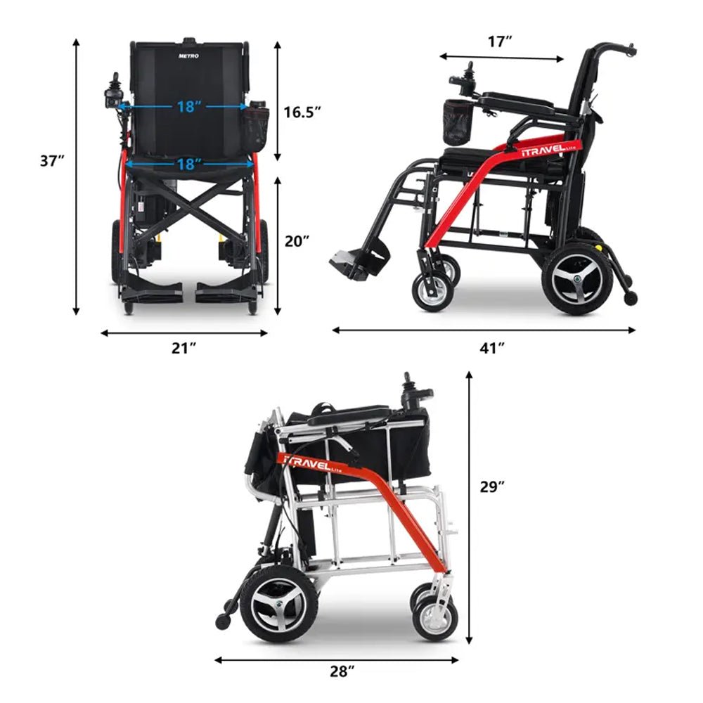 Power wheelchair size diagram showing folded and unfolded dimensions for transport