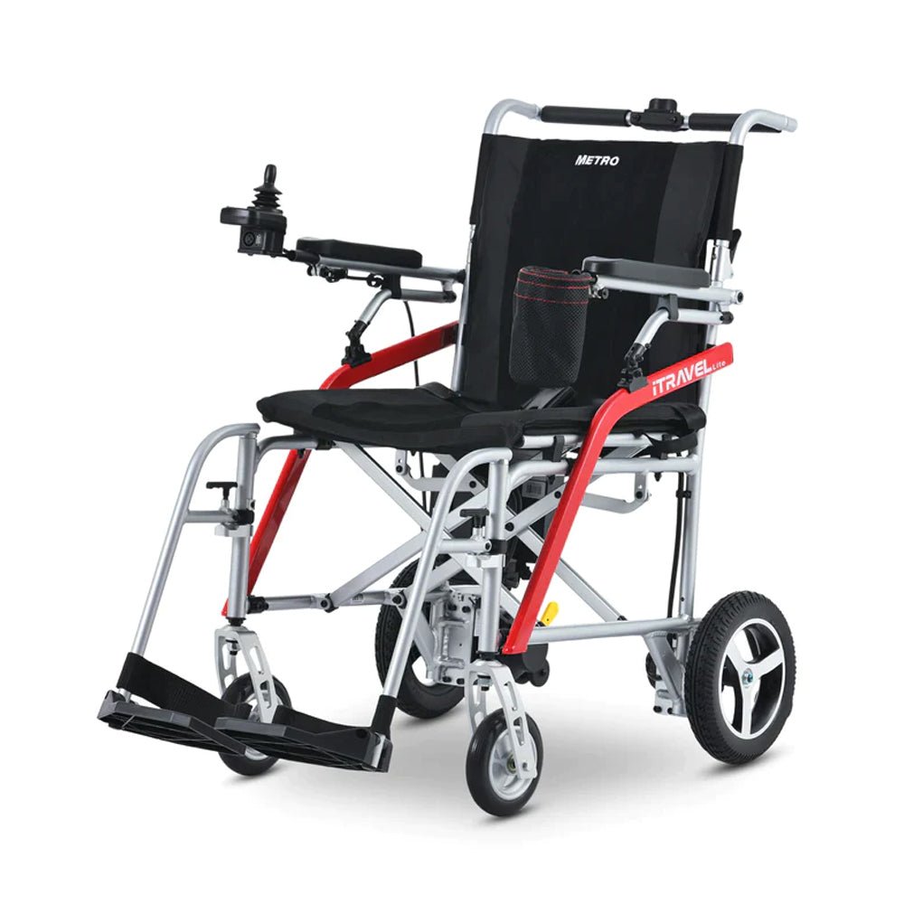 Portable folding power wheelchair with black seat and silver frame