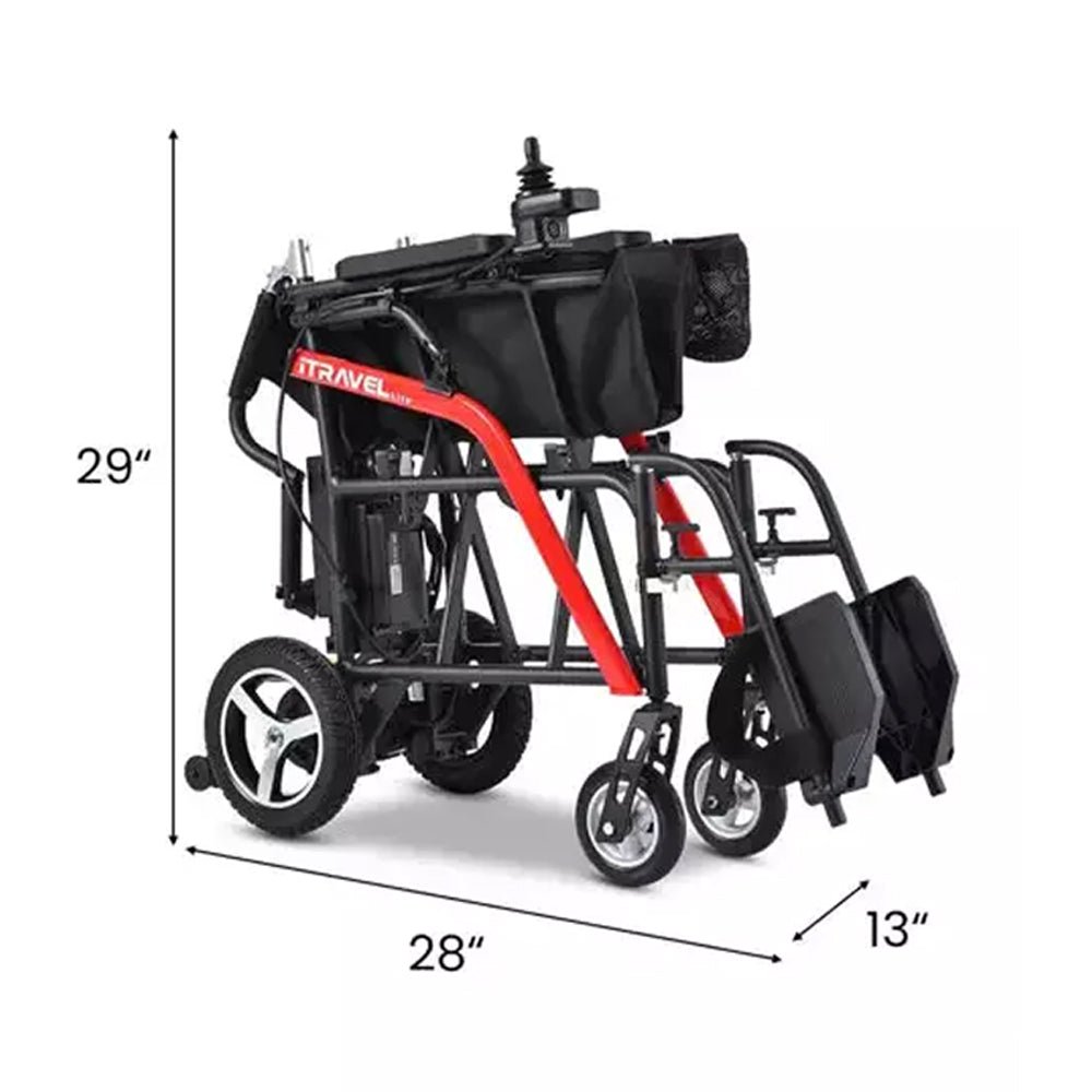 Folded power wheelchair with black seat back, rear wheels, and red support bar
