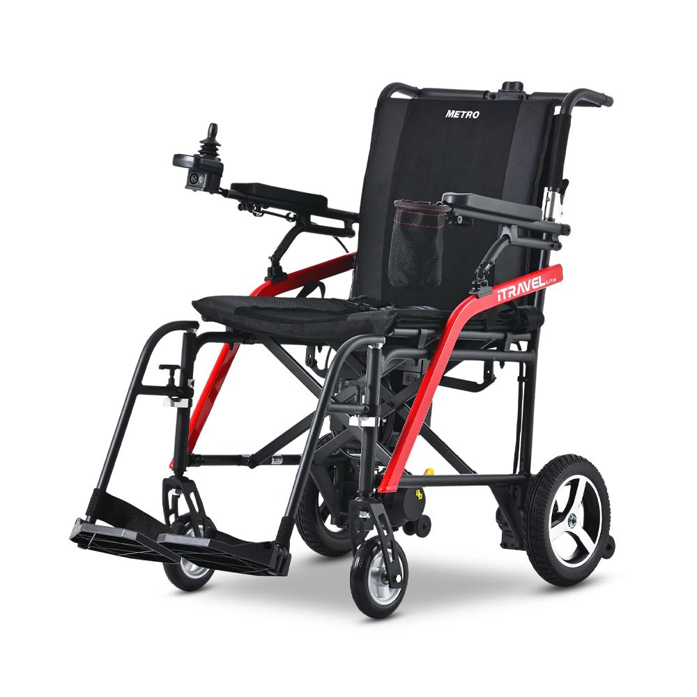 3/4 view of folding power wheelchair with black seat back, armrests, and front casters