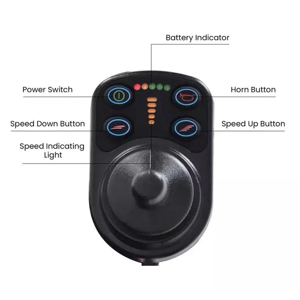 Black wheelchair control panel with power switch, speed buttons, and indicator lights