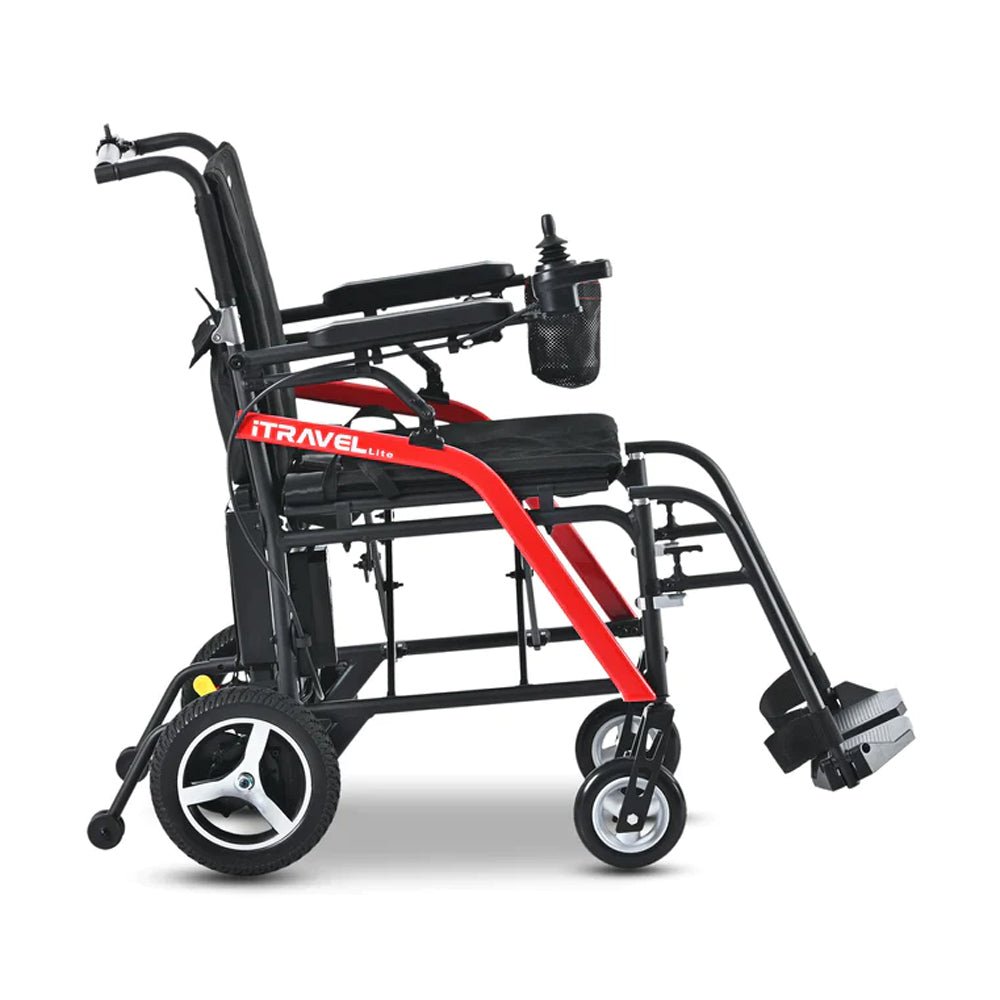 Travel folding power wheelchair with black seat, front casters, and red accent frame