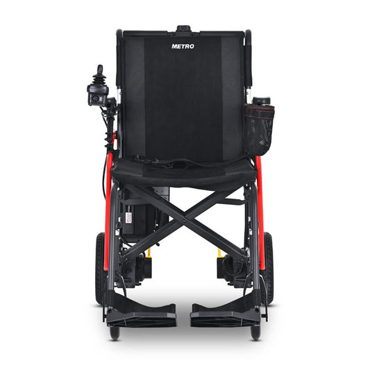 Metro Mobility portable folding power wheelchair, black seat back and black frame