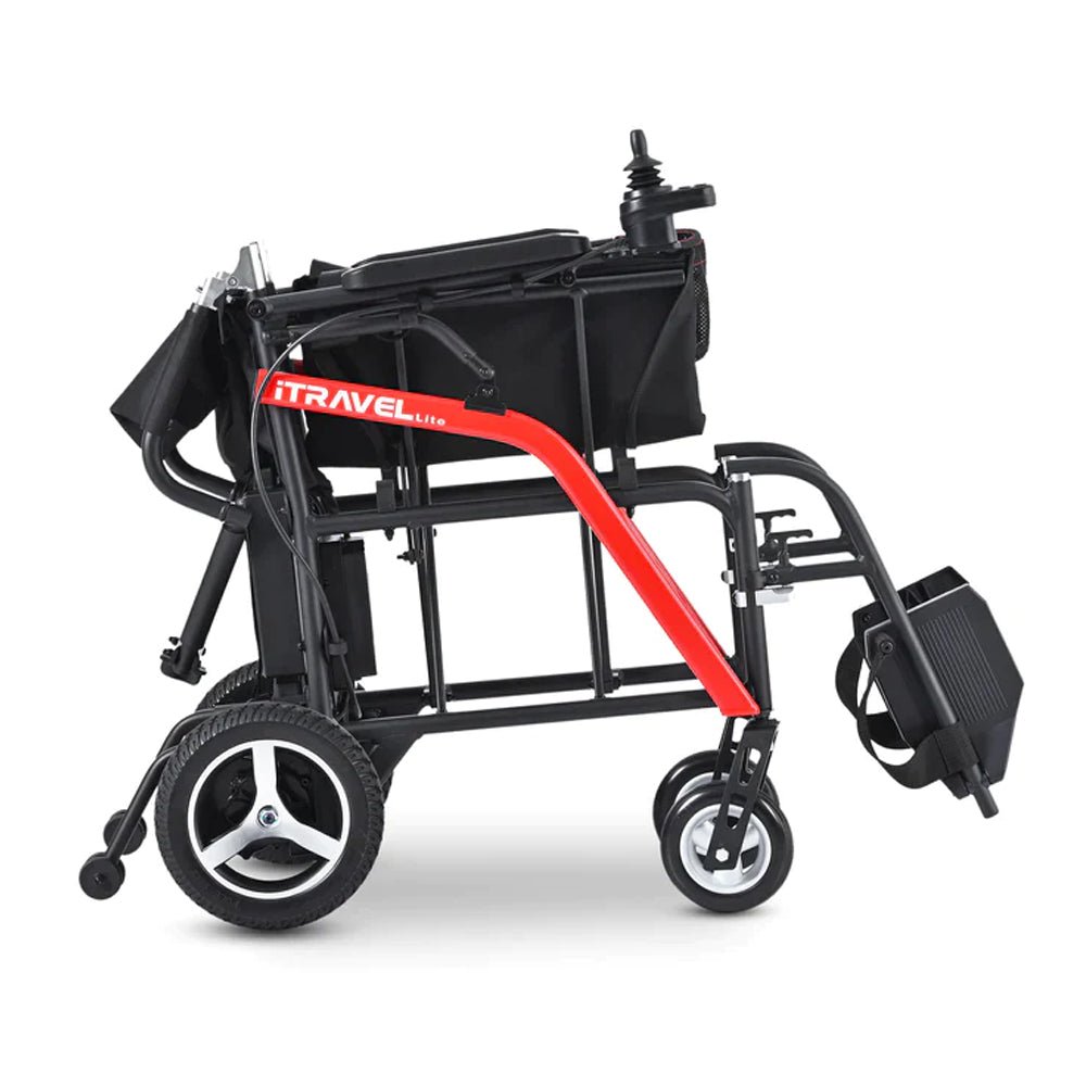 Side view of folding electric wheelchair with black upholstery, armrests, and rear bag