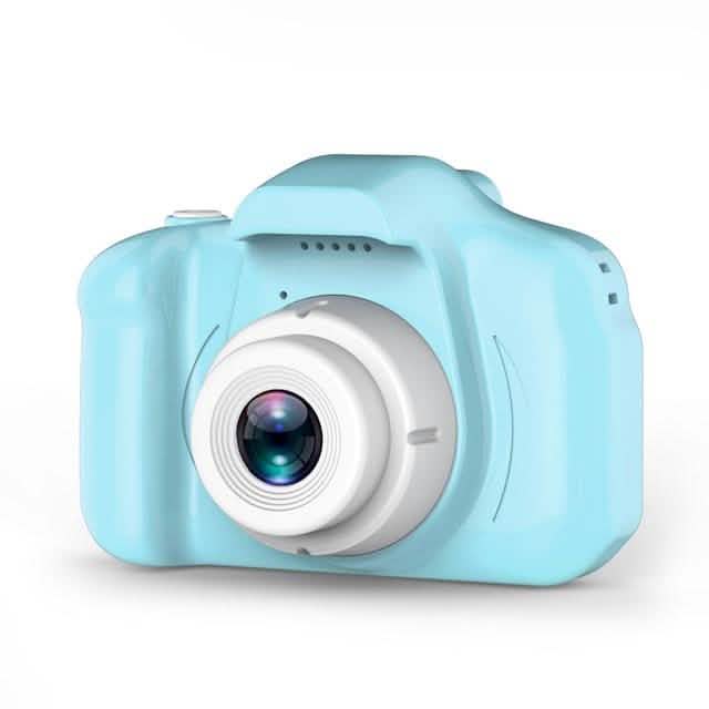 Light blue mini digital camera with large front lens and top grille