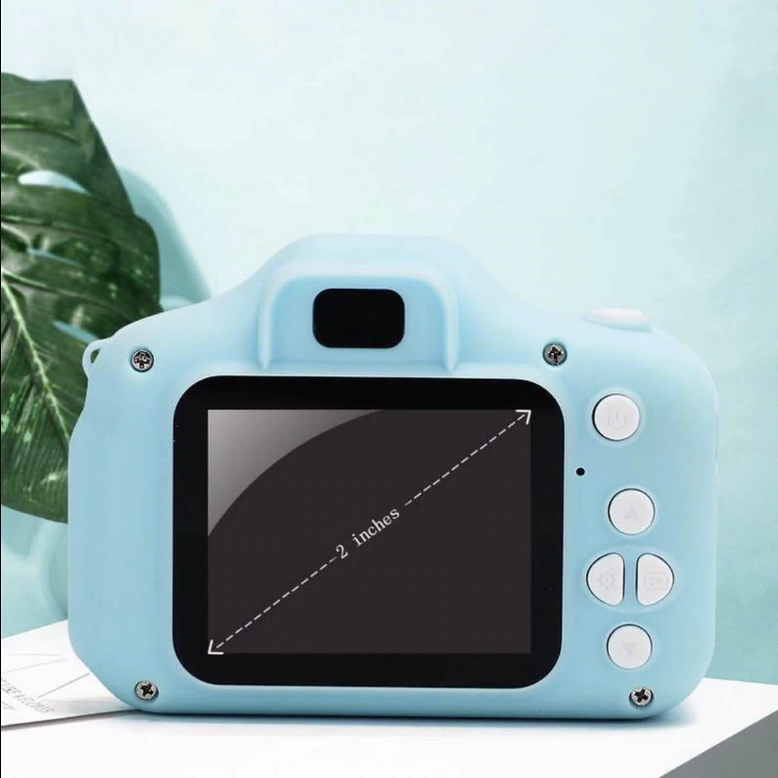 Light blue mini digital camera with LCD screen and round control buttons