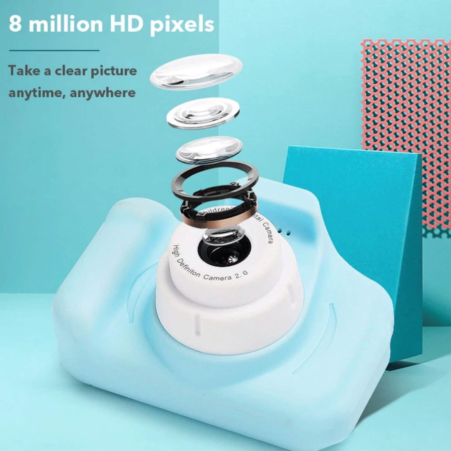 Light blue mini digital camera with white lens housing and circular flash