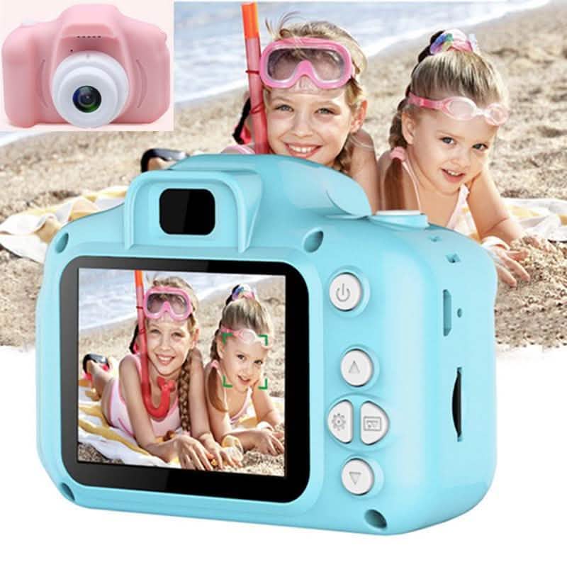 Pink kids digital camera with LCD screen; green and blue camera views