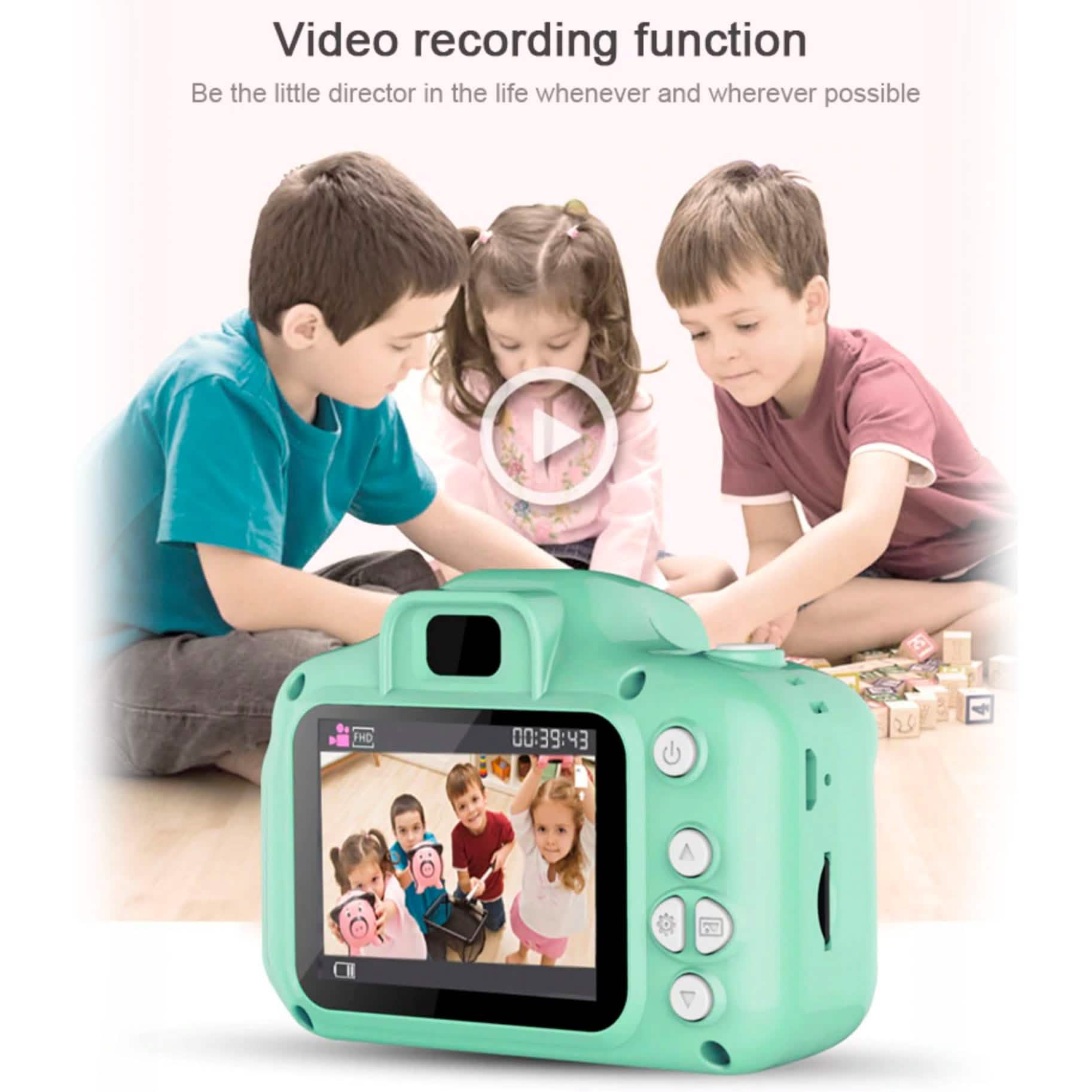 Mint green children's digital camera with LCD screen and control buttons