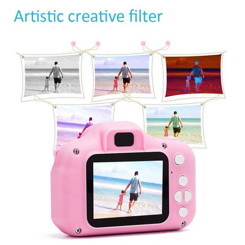 Pink children's mini digital camera with LCD screen and side control buttons