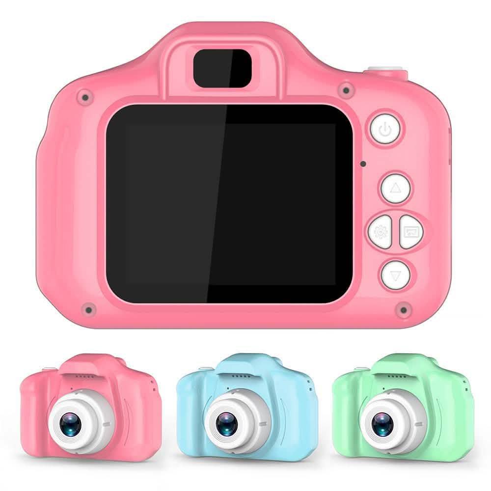 Pink mini children's digital camera with LCD screen and side buttons