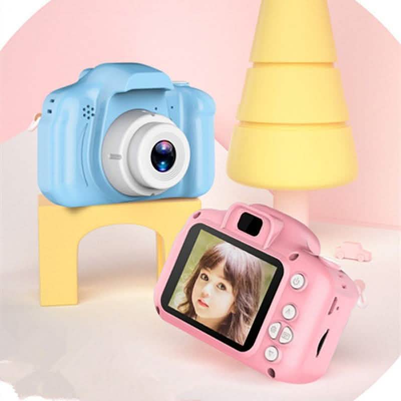 Blue and pink mini digital cameras for children with lens and LCD screens