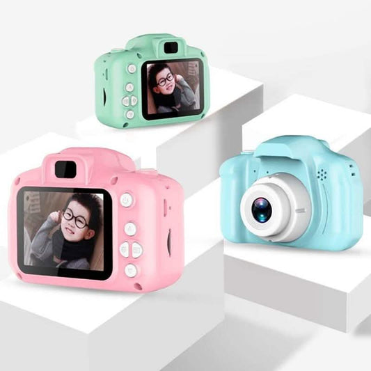 Mini children's digital cameras in mint, pink, and blue with LCD screens