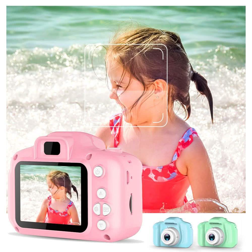 Pink kids digital camera with LCD screen; blue and green cameras shown